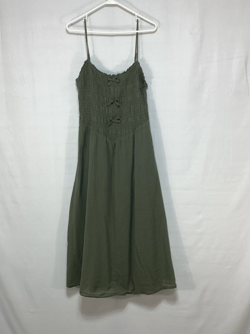 American Eagle Outfitters Medium Olive Green Smocked Midi Dress with Bows